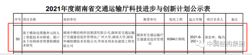 中騰結構集團喜獲湖南省交通運輸廳 2021年度科技進步與創(chuàng)新計劃項目立項